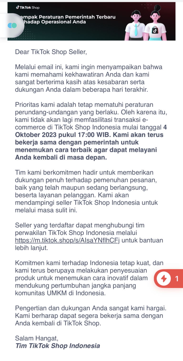 TikTok Shop将于10月4日停止支持印度尼西亚电商业务
